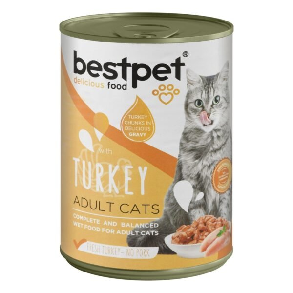 Bestpet Wet Food Chunks with Turkey in Gravy for Adult Cats, 400 g