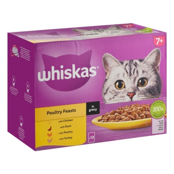 Whiskas Poultry Feasts Assorted Wet Food in Gravy for Senior Cats, 12 x 85 g