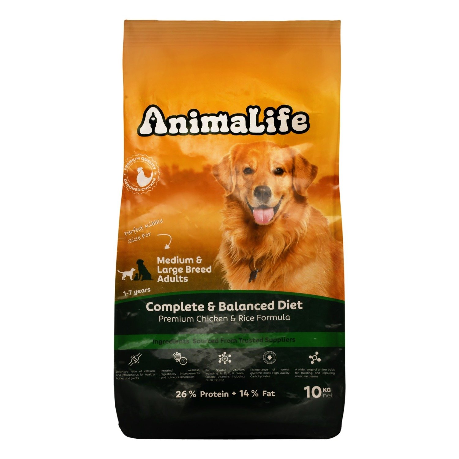 AnimaLife Dry Food with Chicken & Rice for Medium & Large Breed Adult Dogs, 10 kg