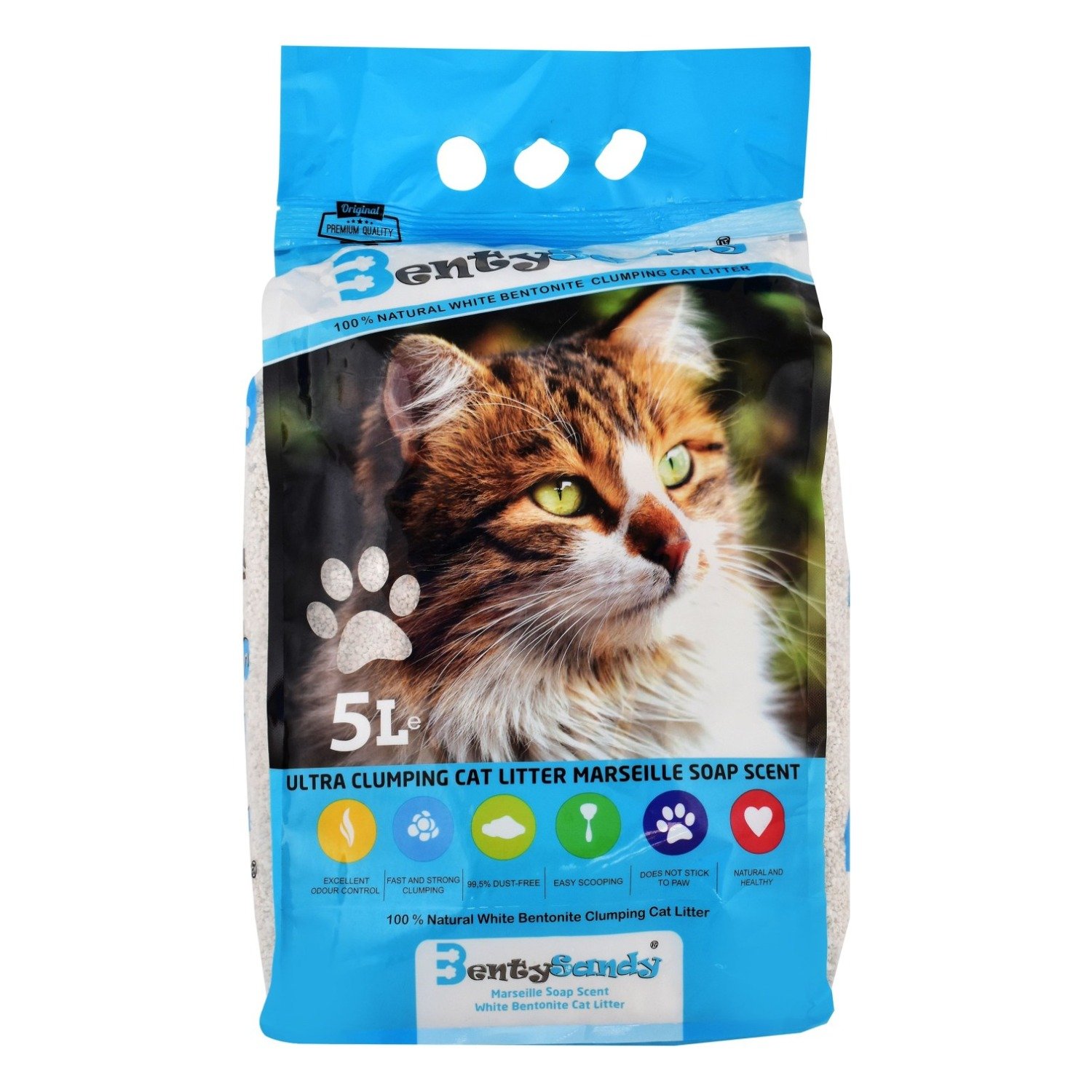 Benty Sandy White Bentonite Clumping Cat Litter Marseille Soap Scent, 5 L