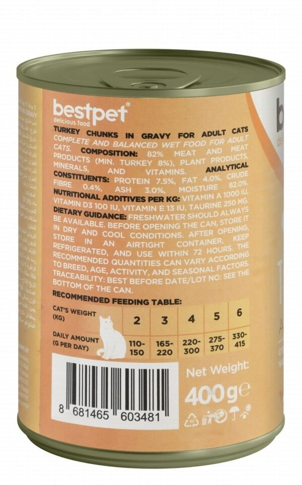Bestpet Wet Food Chunks with Turkey in Gravy for Adult Cats, 400 g