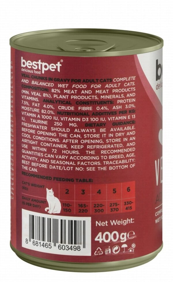 Bestpet Wet Food Chunks with Veal in Gravy for Adult Cats, 400 g