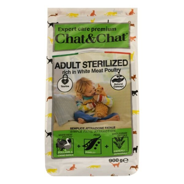 Chat&Chat Dry Food with White Poultry, Peas & Cereals for Sterilized Adult Cats, 900 g