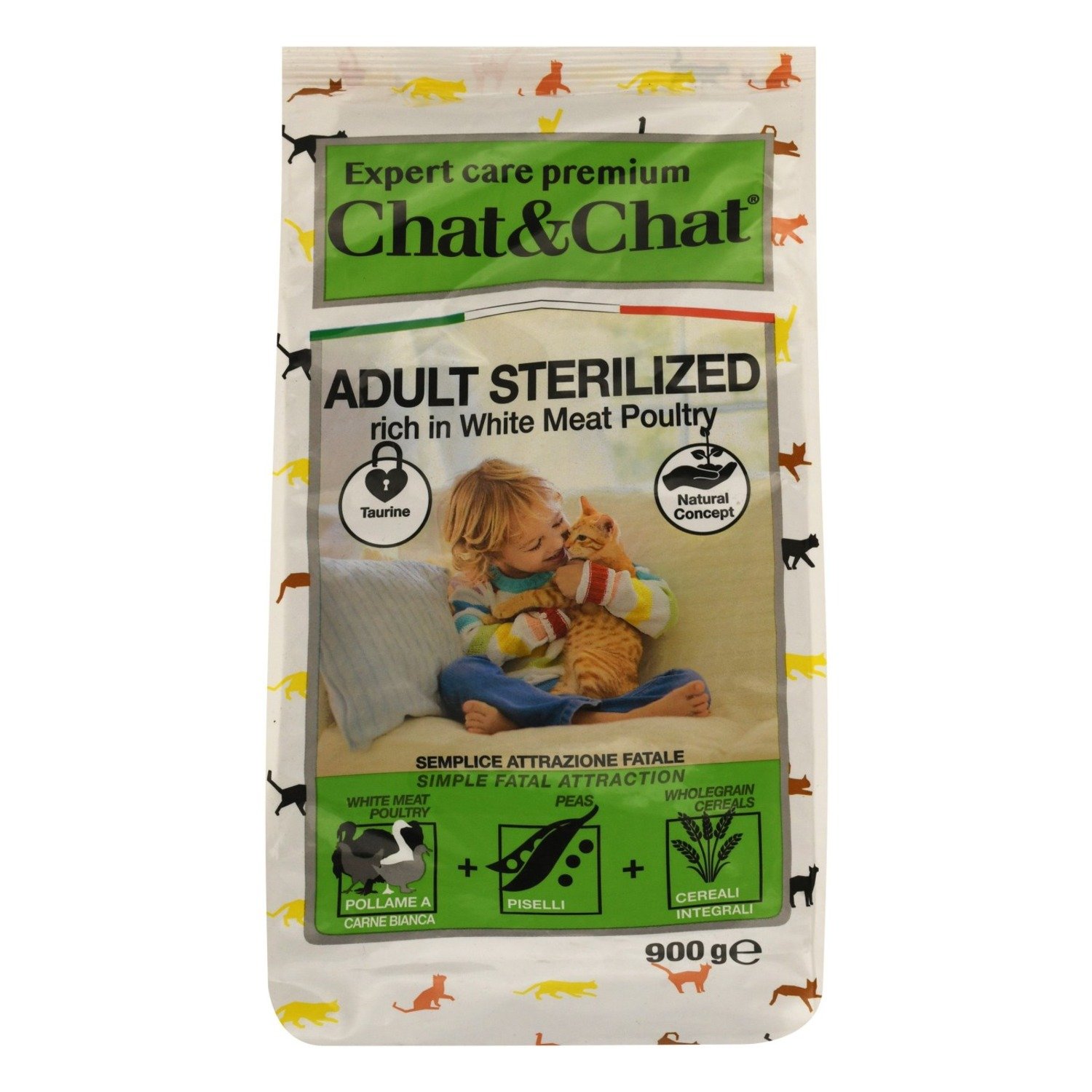 Chat&Chat Dry Food with White Poultry, Peas & Cereals for Sterilized Adult Cats, 900 g