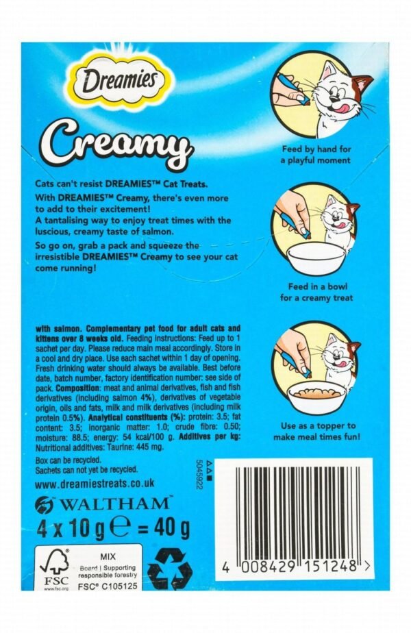 Dreamies Creamy Treats with Scrumptious Salmon for Adult Cats & Kittens, 4 x 10 g