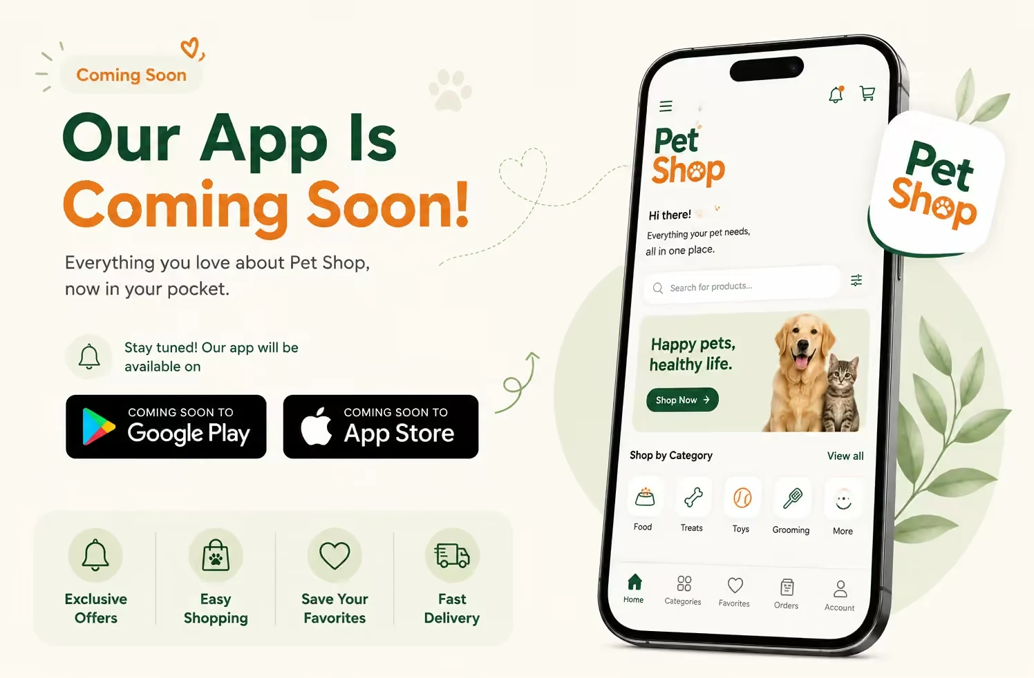 Pet Shop app - coming soon on Google Play and App Store