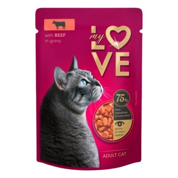 My Love Wet Cat Food with Beef in Gravy for Adult Cats, 85 g