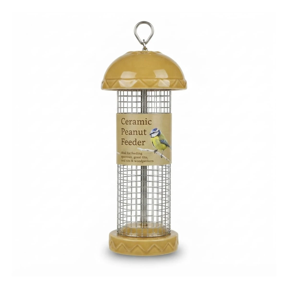 Oakdale Ceramic Peanut Feeder Hanging Mesh Wild Bird Feeding Station with Beige Ceramic Top and Base