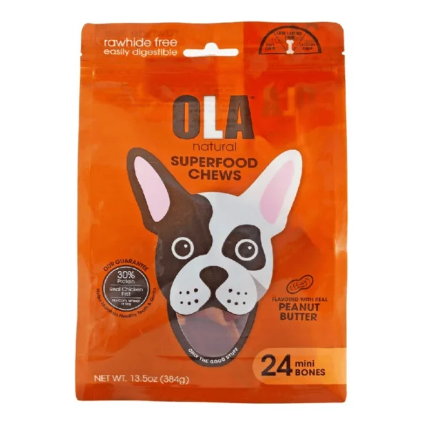 Ola Superfood Mini Bone Dog Treats Peanut Butter Flavor with Chicken (24 Pieces), 384 g