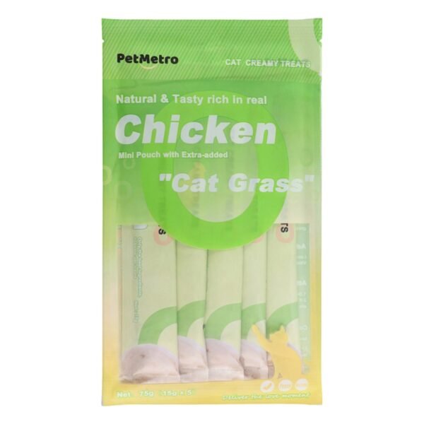 PetMetro Mini Creamy Cat Treats with Chicken & Grass, 5 x 15 g