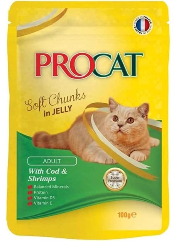 Procat Wet Food Chunks with Cod & Shrimps in Jelly for Adult Cats, 100 g
