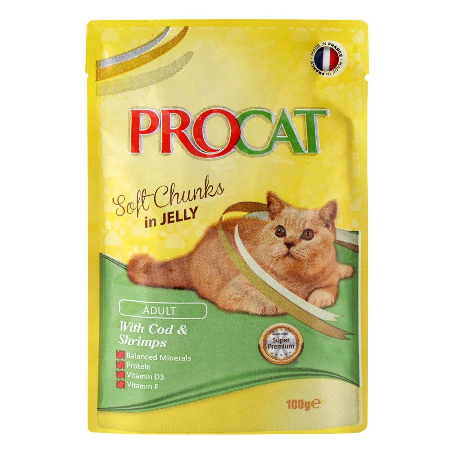 Procat Wet Food Chunks with Cod & Shrimps in Jelly for Adult Cats, 100 g