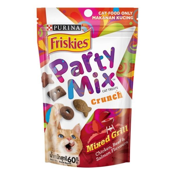 Purina Friskies Party Mix Mixed Grill Crunch Cat Treats Chicken, Beef & Salmon Flavor, 60 g