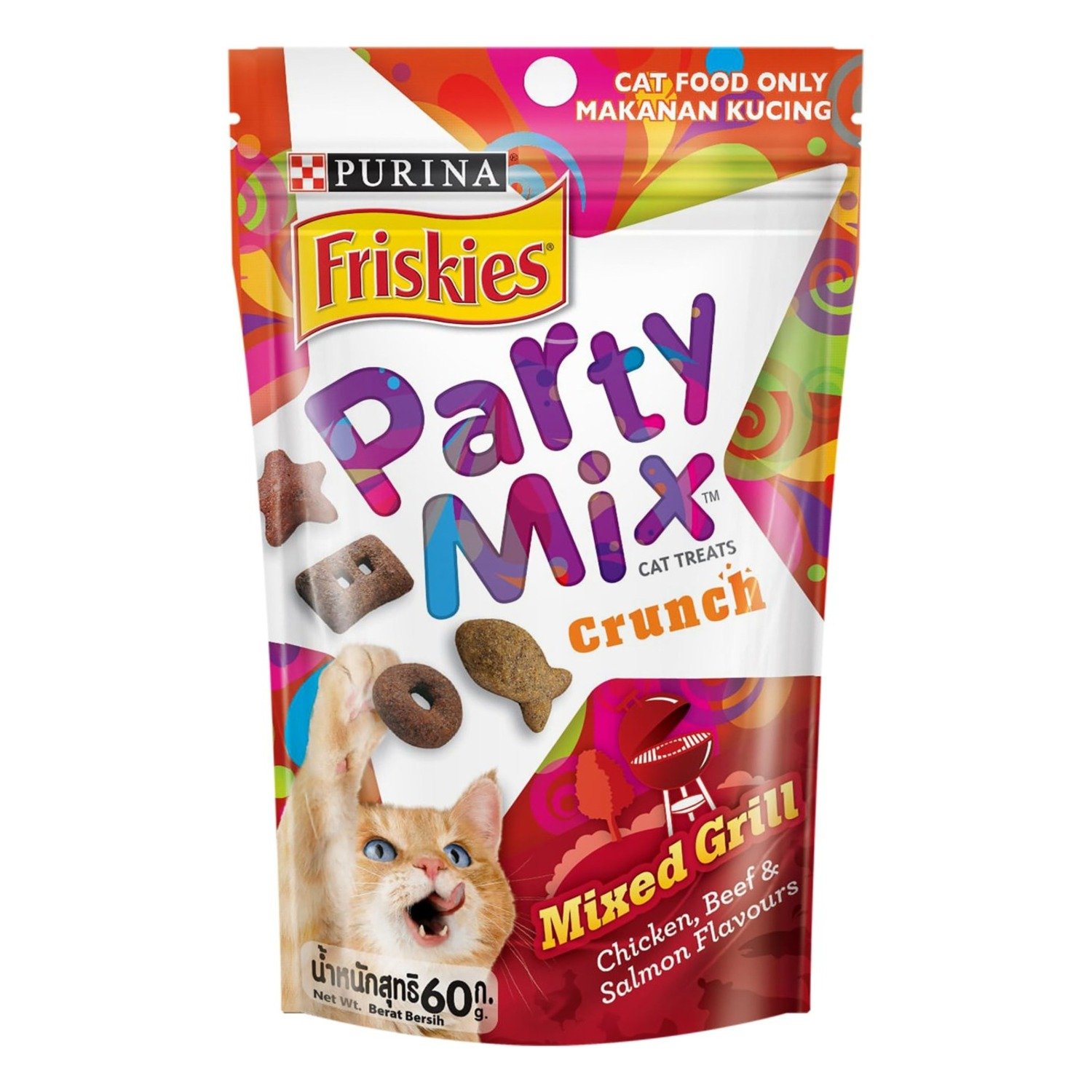 Purina Friskies Party Mix Mixed Grill Crunch Cat Treats Chicken, Beef & Salmon Flavor, 60 g