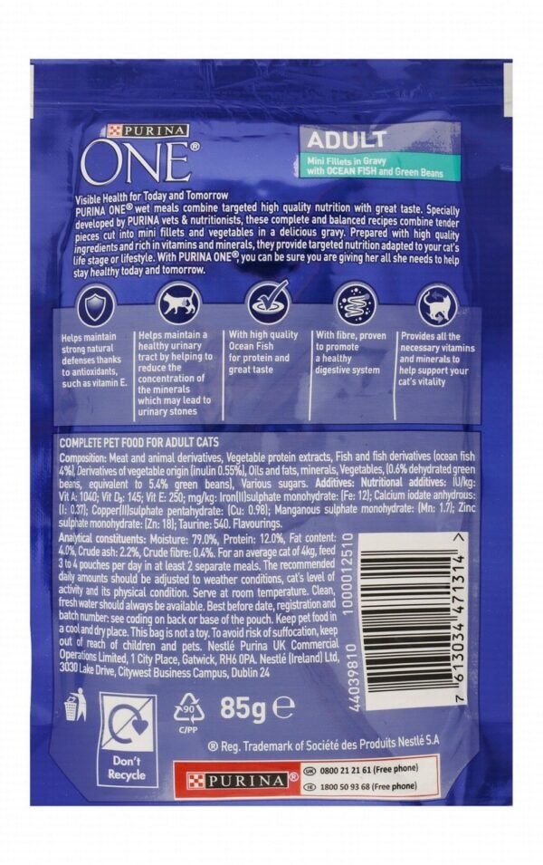 Purina One Wet Food Mini Ocean Fish Fillets & Green Beans in Gravy for Adult Cats, 85 g