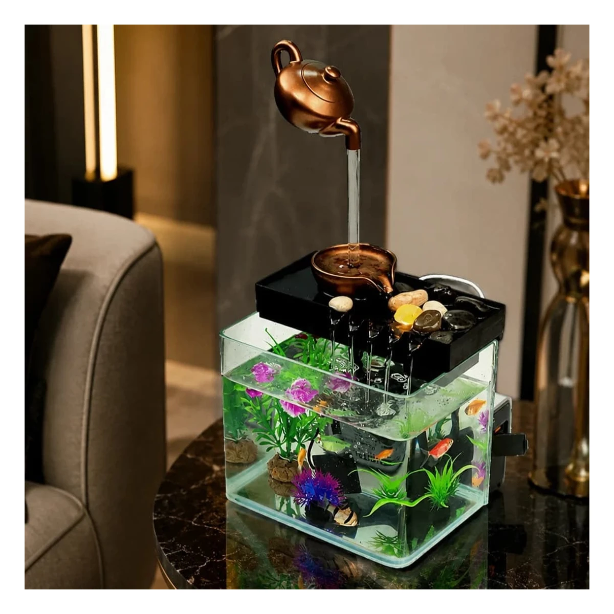 Sobo Creative Desktop Fish Tank with Flowing Teapot Water Fountain and Humidifier Combo for Home and Office Decor
