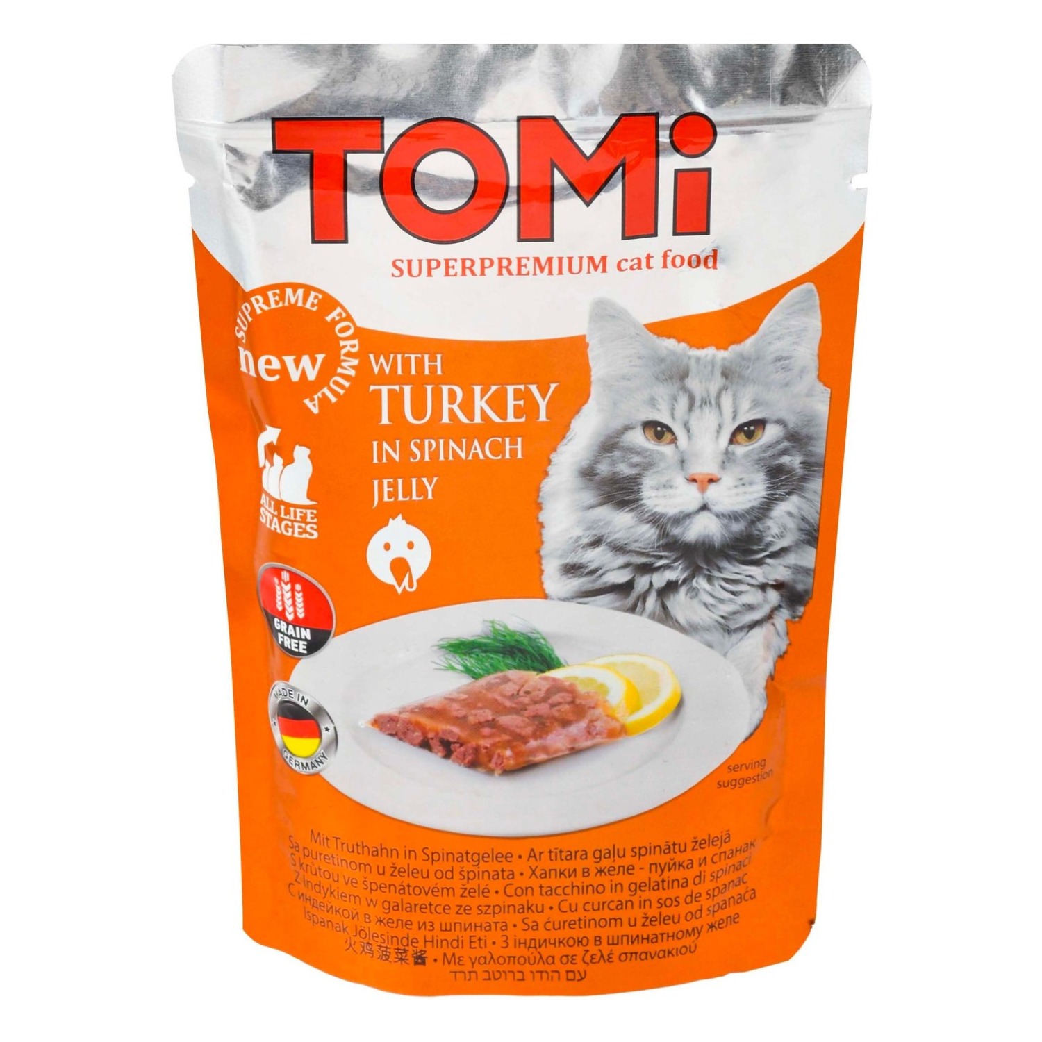 Tomi Wet Cat Food with Turkey & Spinach in Jelly, 100 g