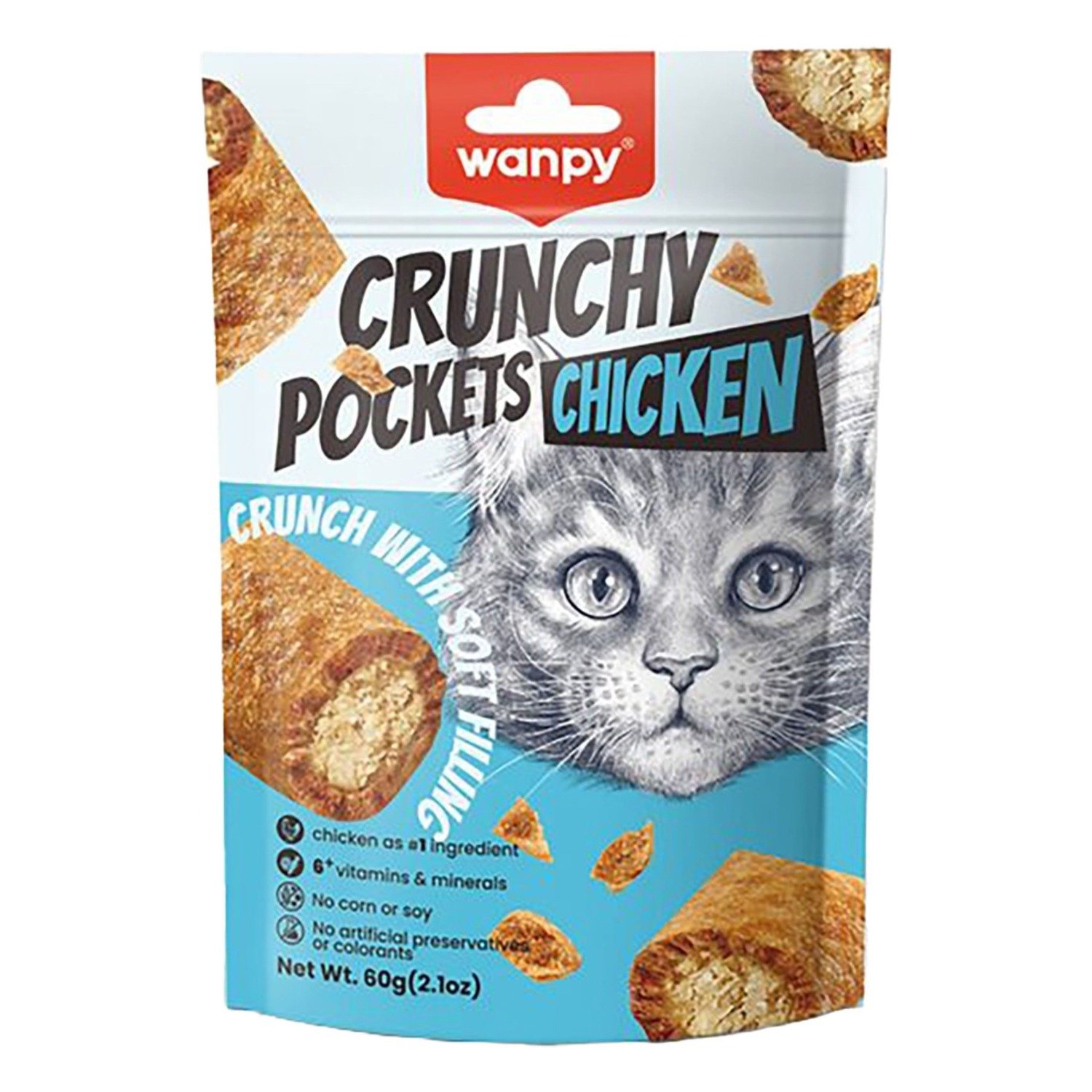 Wanpy Crunchy Pockets Cat Treats with Chicken - artificial preservatives free, artificial colorants free, 60 g