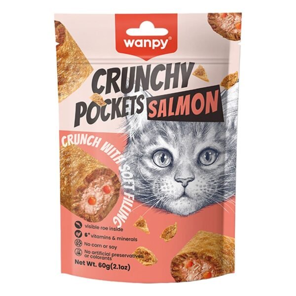 Wanpy Crunchy Pockets Cat Treats with Salmon & Roe - artificial preservatives free, artificial colorants free, 60 g