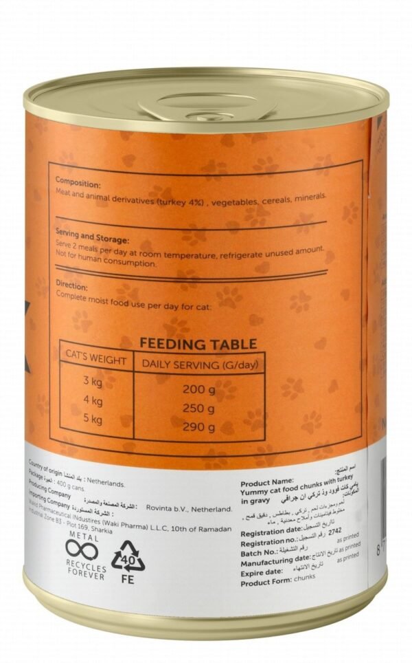 Yummy Wet Cat Food Chunks with Turkey in Gravy, 400 g
